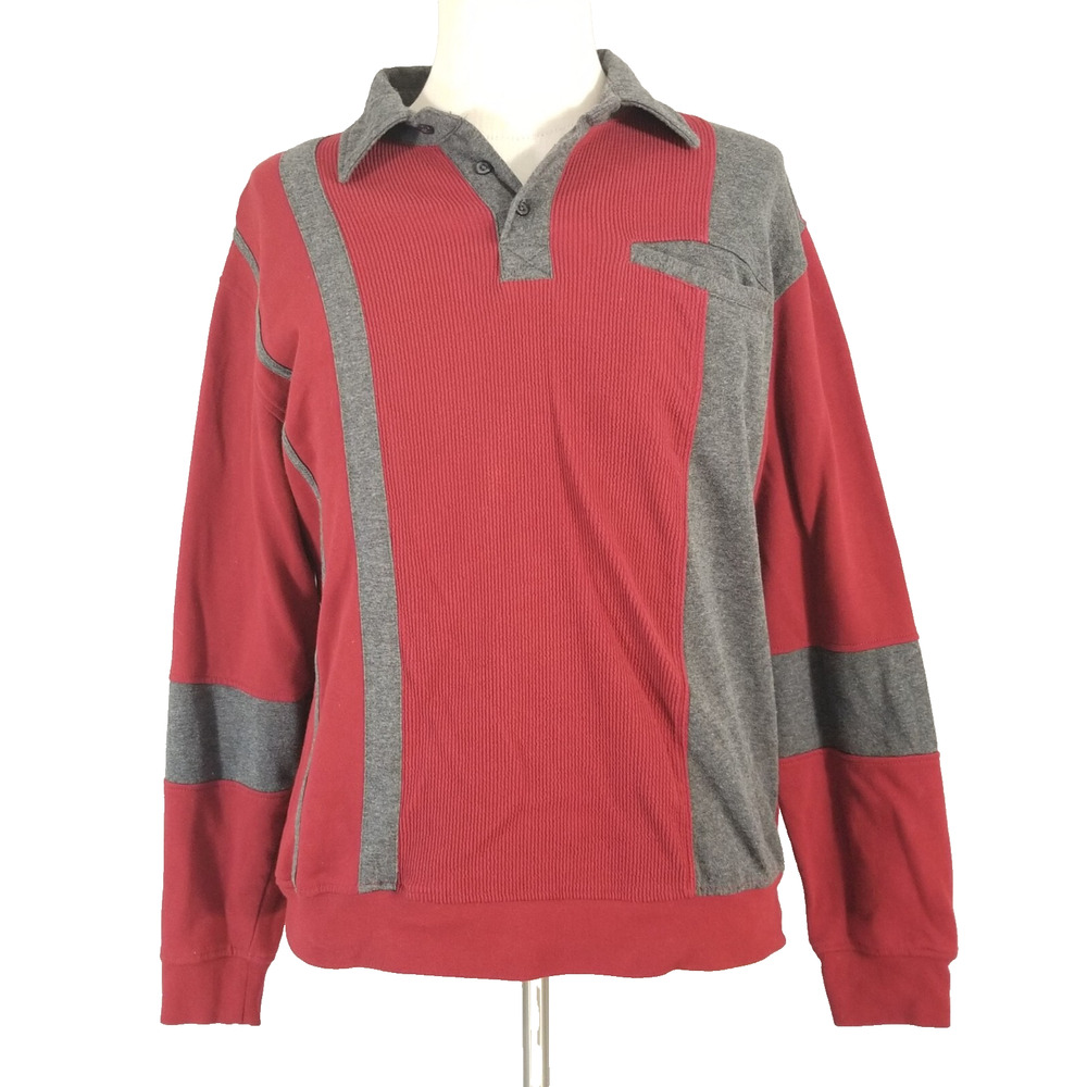 Haband Casual Joe polo shirt sweater men's large red Gray long sleeve retro